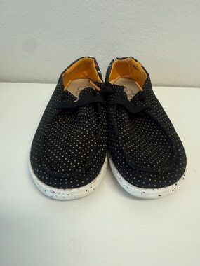 Hey Dude Black and Yellow Polka Dot Floral Womens 8